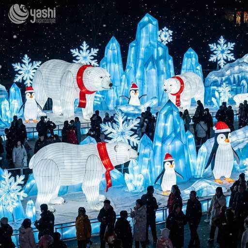 Custom Arctic Scene Lantern Set, Outdoor LED Polar Bear, Penguin & Iceberg Light Sculpture For Winter Christmas Light Show