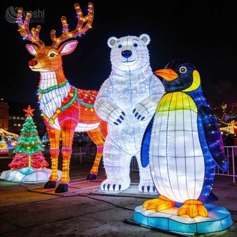 Custom Arctic Scene Lantern Set, Outdoor LED Polar Bear, Penguin & Iceberg Light Sculpture For Winter Christmas Light Show