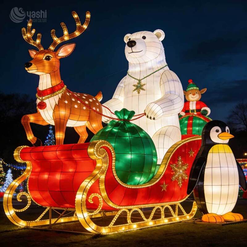 Custom Arctic Scene Lantern Set, Outdoor LED Polar Bear, Penguin & Iceberg Light Sculpture For Winter Christmas Light Show