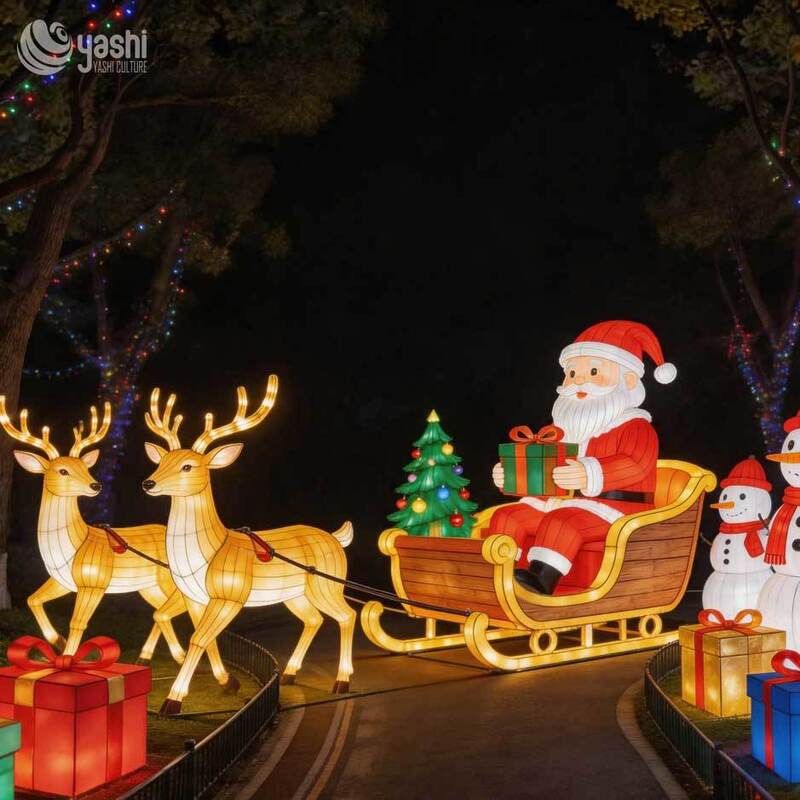 Custom Santa Sleigh & Reindeer Lantern Set, Outdoor LED Santa Claus Reindeer Light Sculpture For Christmas Light Exhibition