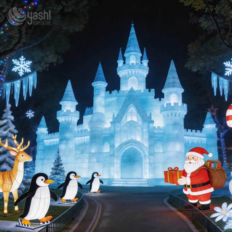 Custom Santa Sleigh & Reindeer Lantern Set, Outdoor LED Santa Claus Reindeer Light Sculpture For Christmas Light Exhibition