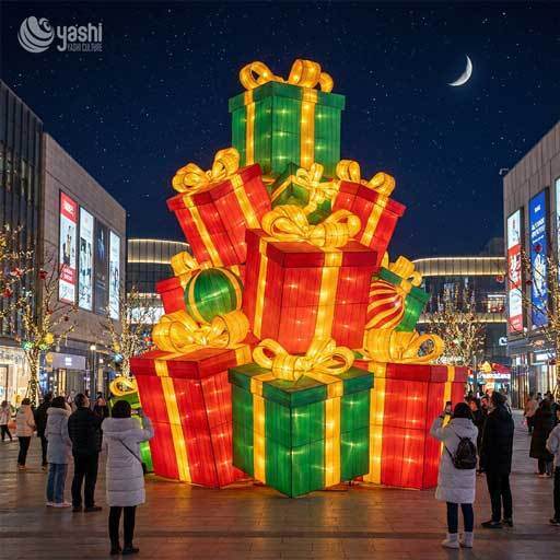 Custom Giant LED Gift Box Stack Lantern, Outdoor Christmas Gift Present Light Sculpture for Mall & Plaza Exhibition, Support Customization
