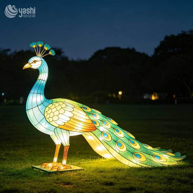Lumière LED personnalisée à l'oiseau-paon Lanterne pour animaux, thème de la nature tropicale Installation de lumière extérieure