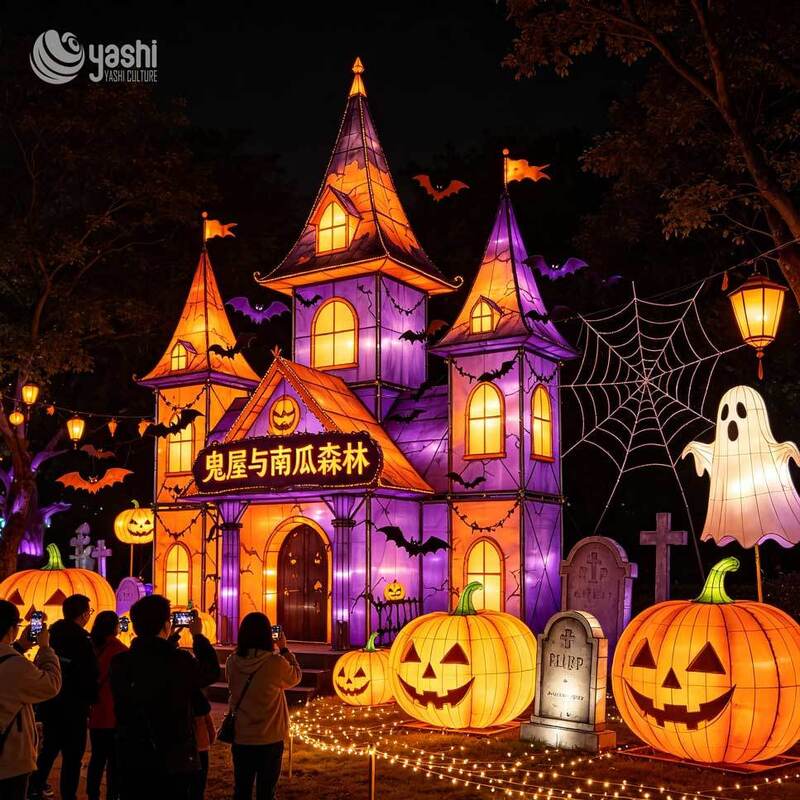 Custom Halloween Haunted House Castle Lantern Set, Large LED Spooky Light Sculpture with Pumpkin, Ghost & Tombstone