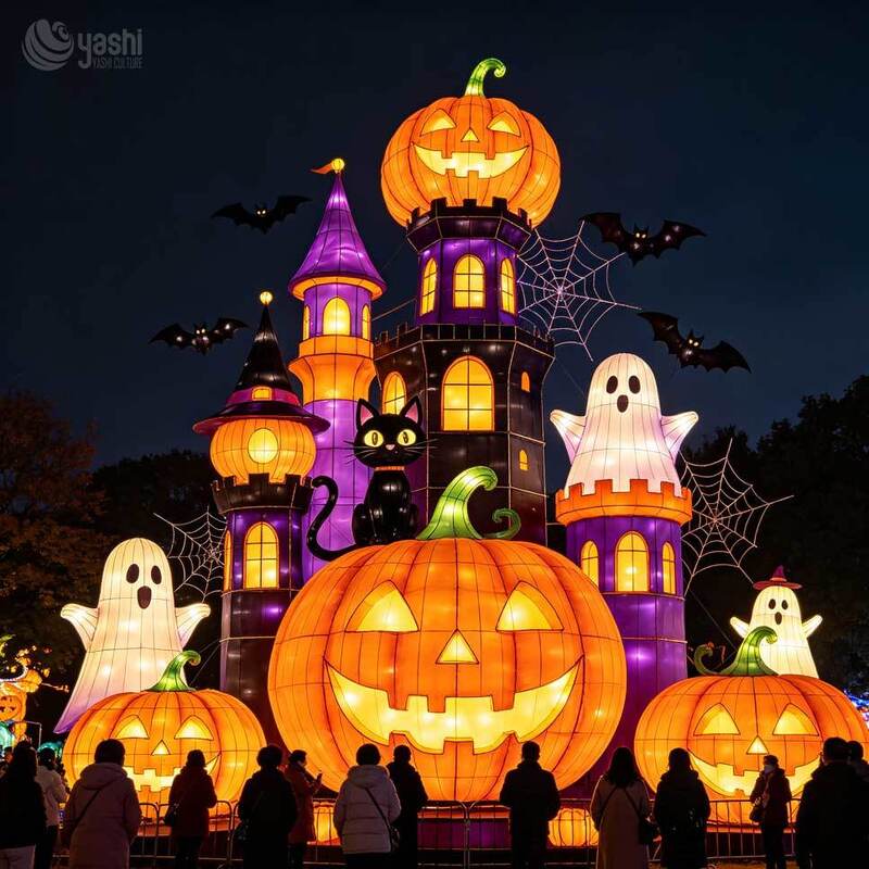 Custom Halloween Haunted House Castle Lantern Set, Large LED Spooky Light Sculpture with Pumpkin, Ghost & Tombstone