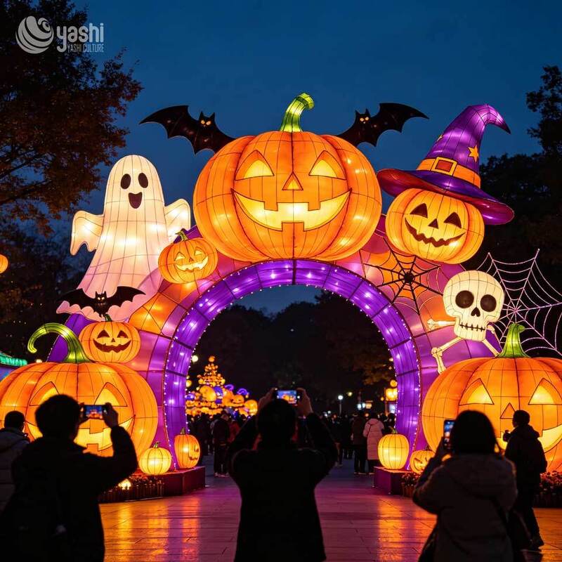 Custom Halloween Pumpkin Arch Lantern, Large LED Entrance Gate Light Sculpture with Ghost, Bat & Skeleton