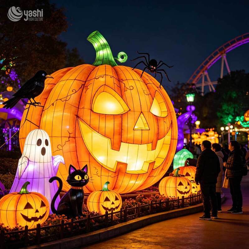 Custom Giant Halloween Pumpkin Lantern Set, Large LED Jack‑o‑Lantern Group with Ghost, Black Cat, Crow & Spider