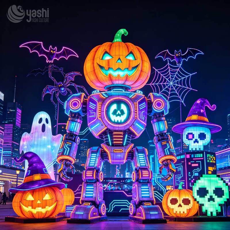 Custom Giant Halloween Pumpkin Lantern Set, Large LED Jack‑o‑Lantern Group with Ghost, Black Cat, Crow & Spider