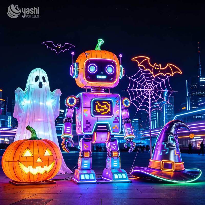 Custom Cyber‑Punk Pumpkin Robot Halloween Lantern Set, Large LED Sci‑Fi Spooky Light Sculpture with Ghost & Skull