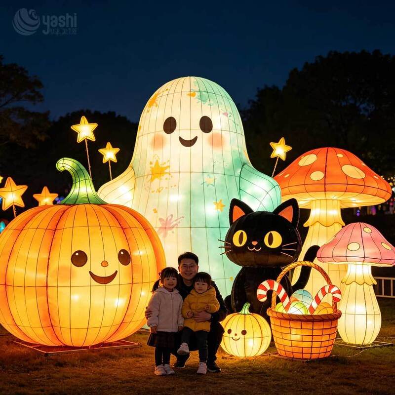 Custom Cute Pumpkin Carriage Halloween Lantern Set, Large LED Family‑Friendly Light Sculpture with Ghost & Black Cat