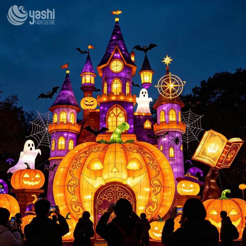 Custom Magical Pumpkin Castle Halloween Lantern Set, Large LED Spooky‑Fantasy Light Sculpture with Ghost & Bats
