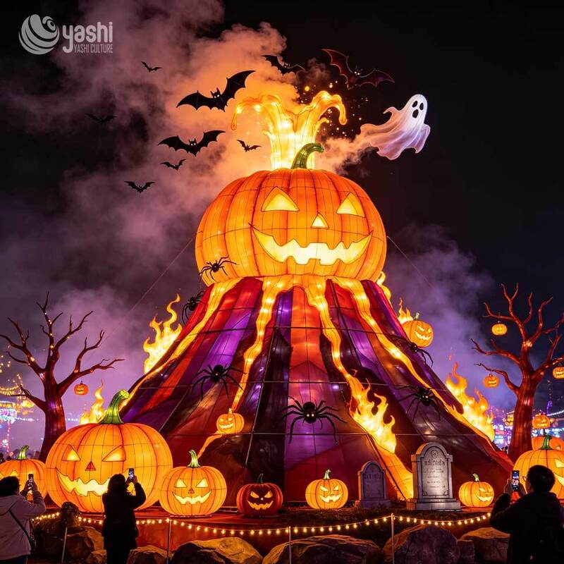 Custom Halloween Volcano Pumpkin Lantern Set, Large LED Spooky Light Sculpture with Bats, Spiders & Ghost