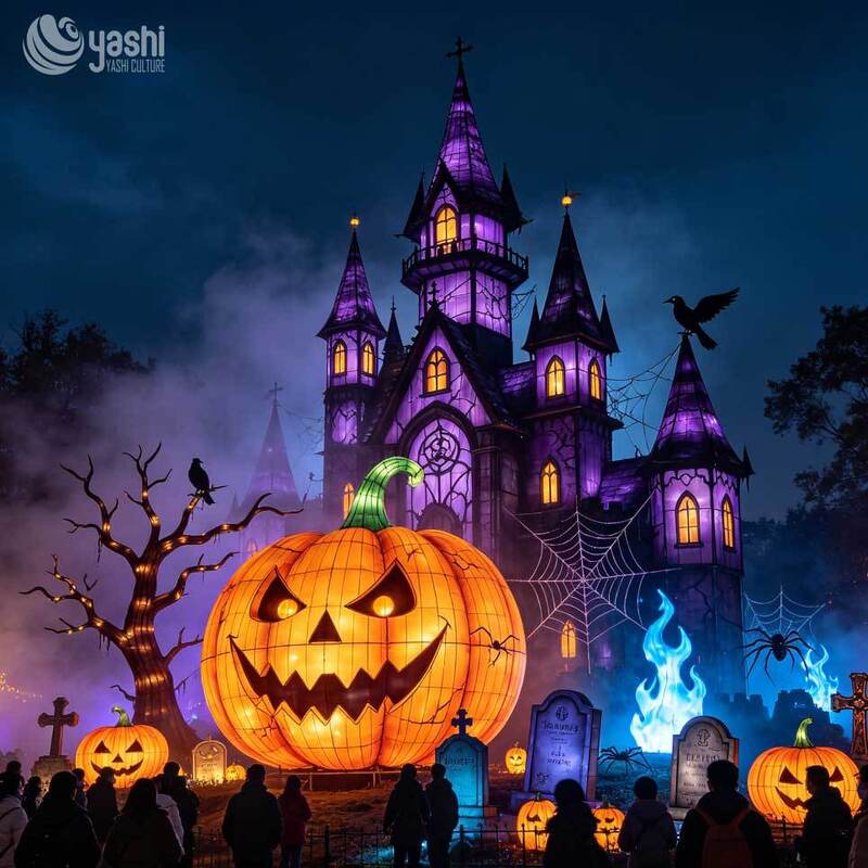 Custom Halloween Volcano Pumpkin Lantern Set, Large LED Spooky Light Sculpture with Bats, Spiders & Ghost