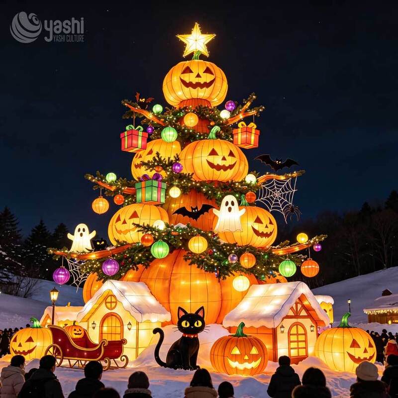 Giant Gingerbread House LED Lantern Set with Pumpkin Ghost Reindeer Snowman, Waterproof Halloween & Christmas Dual-Use Outdoor Light Sculpture for Plaza Theme Park Holiday Decor