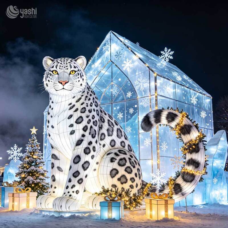 Custom LED Snow Leopard Light Sculpture, Outdoor Winter Animal Lantern with Ice House & Christmas Decor, Support Customization