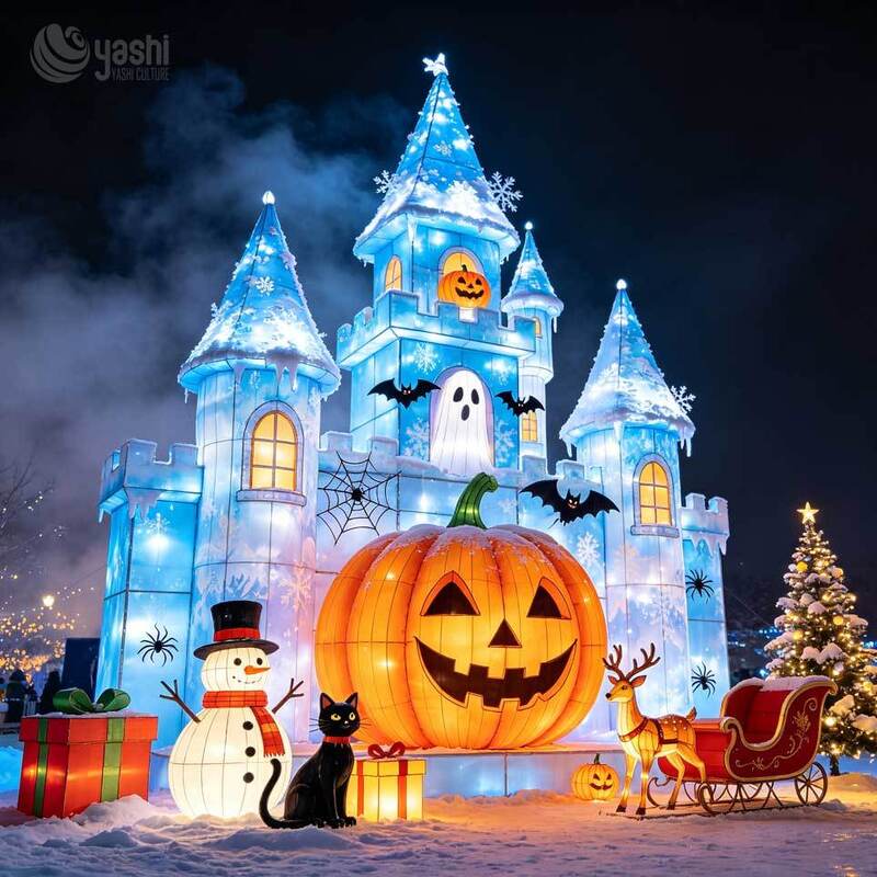 Custom LED Snow Leopard Light Sculpture, Outdoor Winter Animal Lantern with Ice House & Christmas Decor, Support Customization