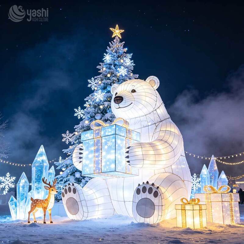 Giant LED Snow Leopard Lantern with Ice House, Waterproof Outdoor Winter Animal Light Sculpture for Zoo, Theme Park & Mall Christmas Light Festival Decor