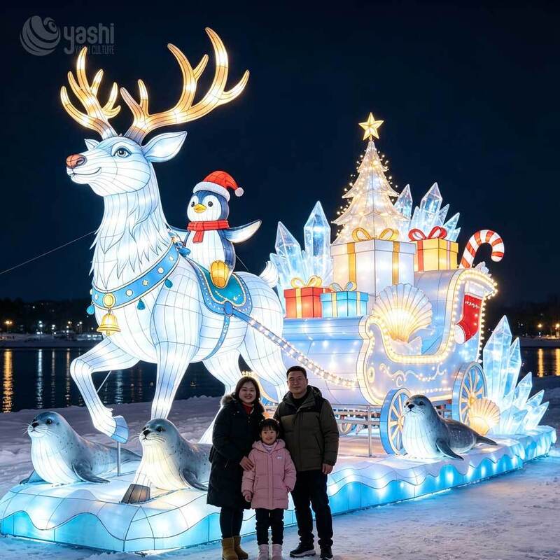 Custom LED Snow Leopard Light Sculpture, Outdoor Winter Animal Lantern with Ice House & Christmas Decor, Support Customization