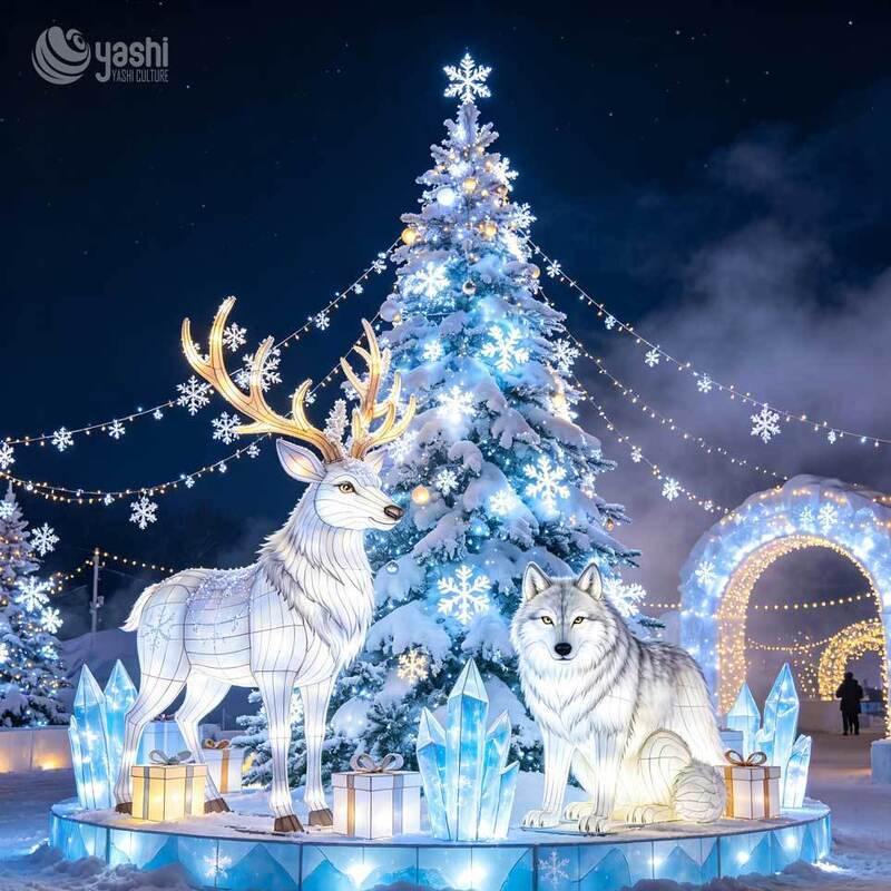 Giant LED Snow Leopard Lantern with Ice House, Waterproof Outdoor Winter Animal Light Sculpture for Zoo, Theme Park & Mall Christmas Light Festival Decor