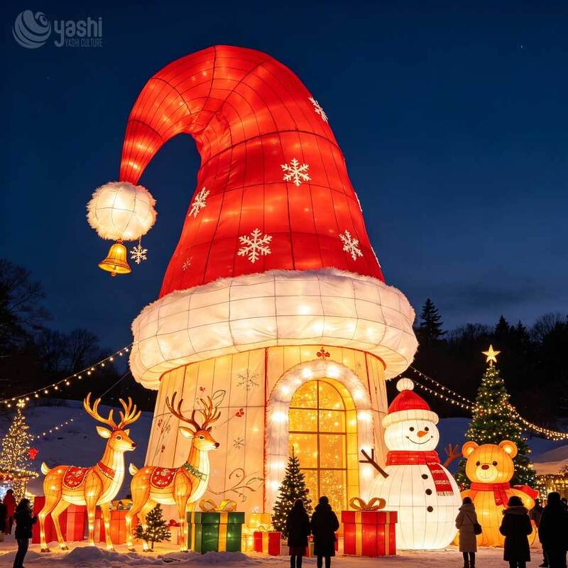 Custom LED Giant Santa Hat House Lantern Set, Outdoor Christmas Light Sculpture with Reindeer, Snowman & Bear, Support Customization