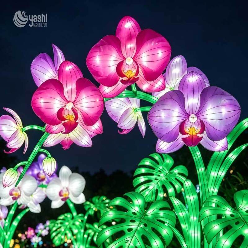 Custom Giant Phalaenopsis Orchid LED Lanterns, Large Fabric Floral Light Sculptures for Light Festival