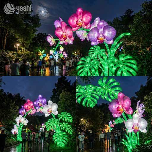 Custom Giant Phalaenopsis Orchid LED Lanterns, Large Fabric Floral Light Sculptures for Light Festival