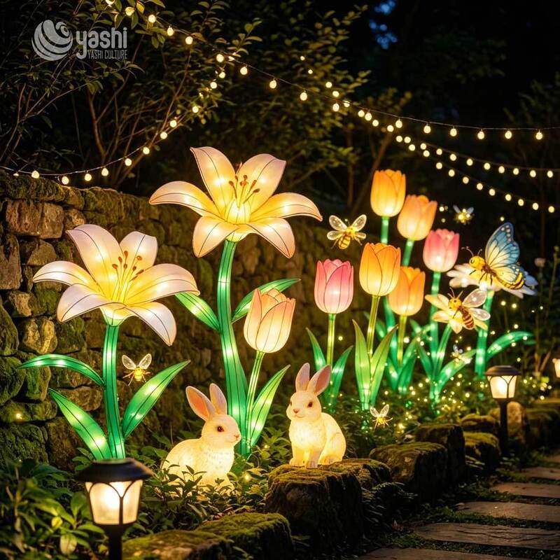 Custom Giant Phalaenopsis Orchid LED Lanterns, Large Fabric Floral Light Sculptures for Light Festival