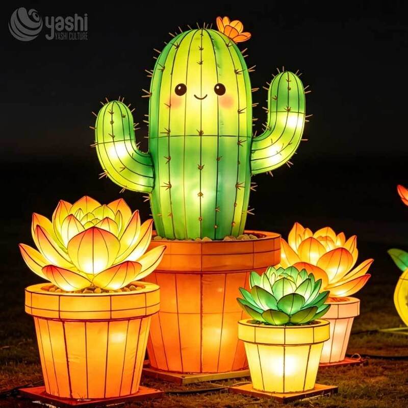 Custom Cartoon Cactus & Succulent Potted LED Lanterns, Large Plant Light Sculptures for Light Festival
