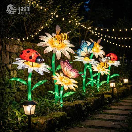 Custom Daisy Flower & Insect LED Lanterns, Bee Butterfly Ladybug Light Sculpture for Garden Light Festival