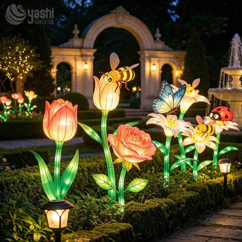 Custom Daisy Flower & Insect LED Lanterns, Bee Butterfly Ladybug Light Sculpture for Garden Light Festival