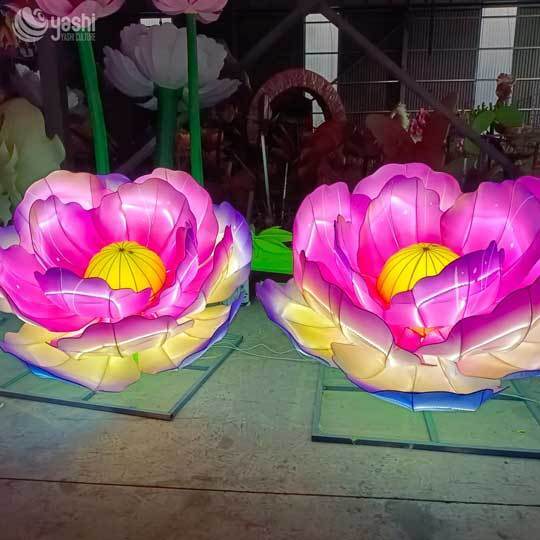 Custom Giant Peony LED Lanterns, Gradient Color Fabric Flower Light Sculptures for Light Festival