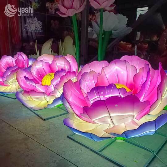 Custom Giant Peony LED Lanterns, Gradient Color Fabric Flower Light Sculptures for Light Festival