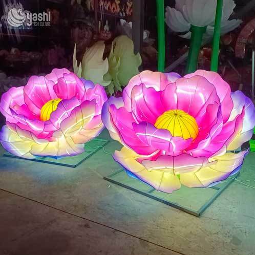 Custom Giant Peony LED Lanterns, Gradient Color Fabric Flower Light Sculptures for Light Festival
