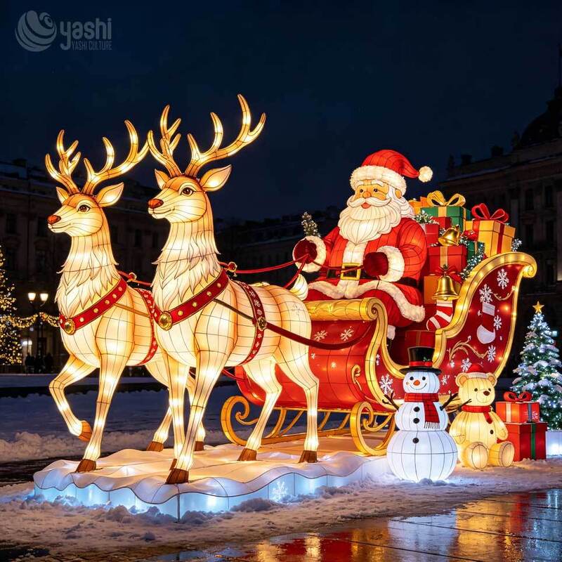 Custom LED Santa Sleigh Two Reindeer Lantern Set, Outdoor Christmas Light Sculpture with Snowman & Teddy Bear, Support Customization