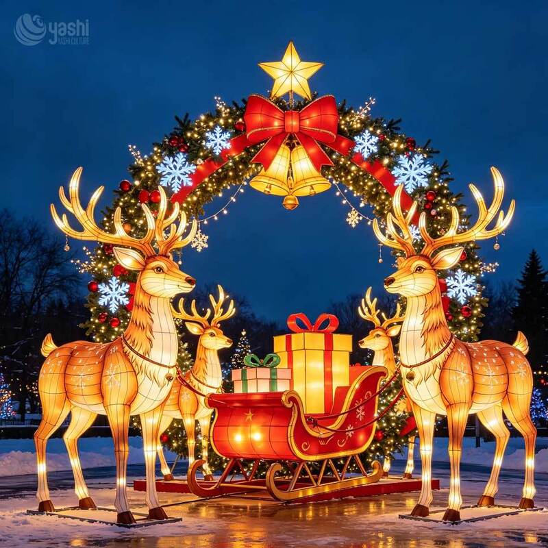 Custom LED Santa Sleigh Two Reindeer Lantern Set, Outdoor Christmas Light Sculpture with Snowman & Teddy Bear, Support Customization