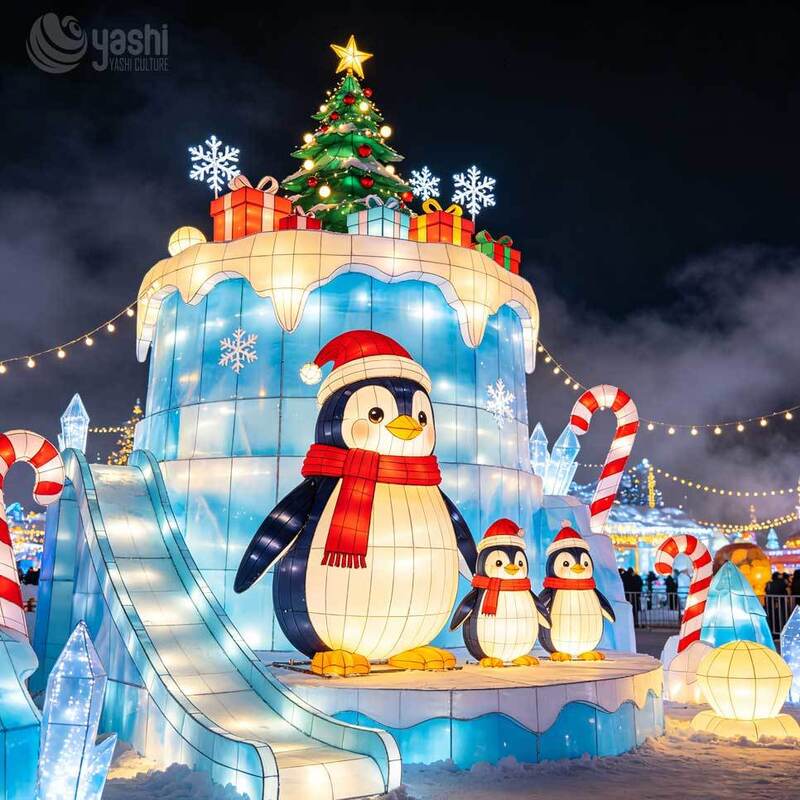 Custom LED Santa Sleigh Two Reindeer Lantern Set, Outdoor Christmas Light Sculpture with Snowman & Teddy Bear, Support Customization
