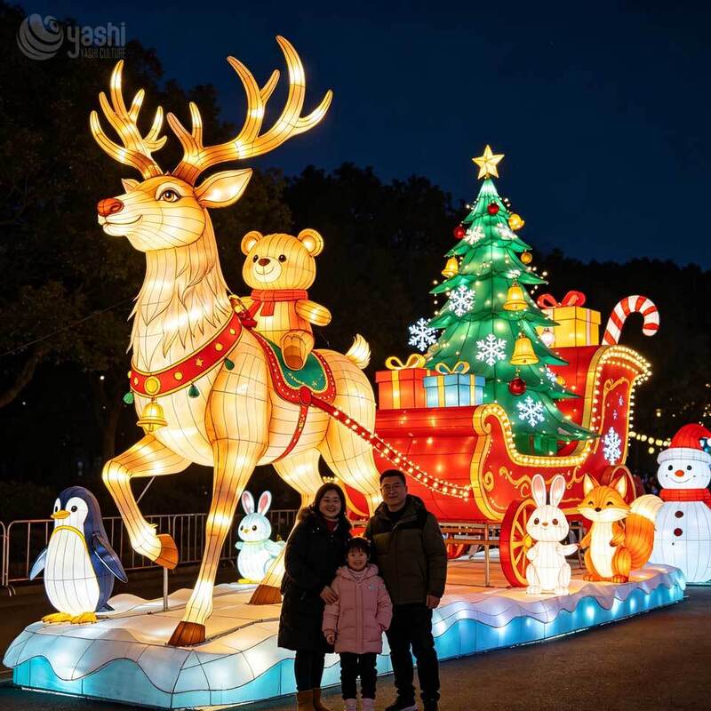 Giant Waterproof Christmas Reindeer Sleigh Silk Lantern Set, Custom LED Light Sculpture for Mall, Park, Street Xmas Light Show & Commercial Holiday Landscape Decoration