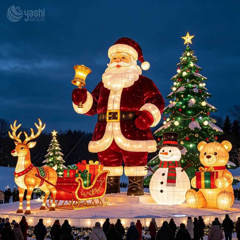 Custom LED Reindeer Sleigh Christmas Lantern Set, Outdoor Animal Light Sculpture with Christmas Tree, Penguin, Rabbit & Fox, Support Customization