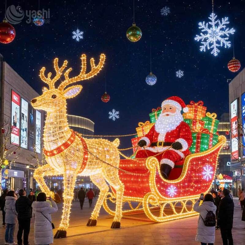 Giant Waterproof Christmas Reindeer Sleigh Silk Lantern Set, Custom LED Light Sculpture for Mall, Park, Street Xmas Light Show & Commercial Holiday Landscape Decoration
