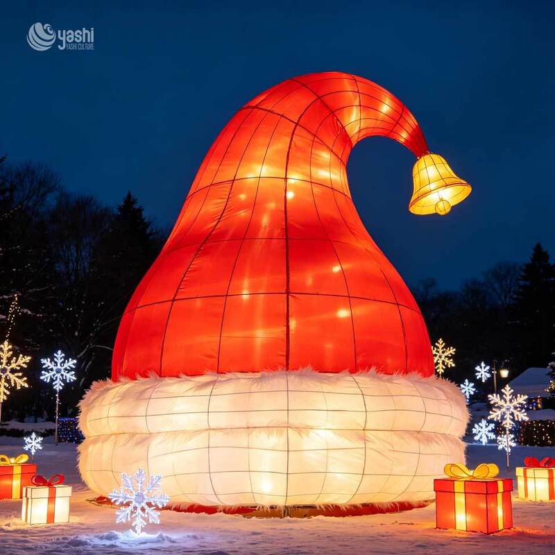 Giant Santa Hat Silk Lantern Sculpture, IP65 Waterproof Outdoor LED Christmas Light Installation for Park & Winter Festival