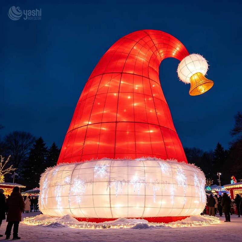 Custom Giant LED Santa Hat Light Sculpture, Outdoor Fabric Frame Christmas Santa Hat Light Display with Bell for Light Festival, Support Customization