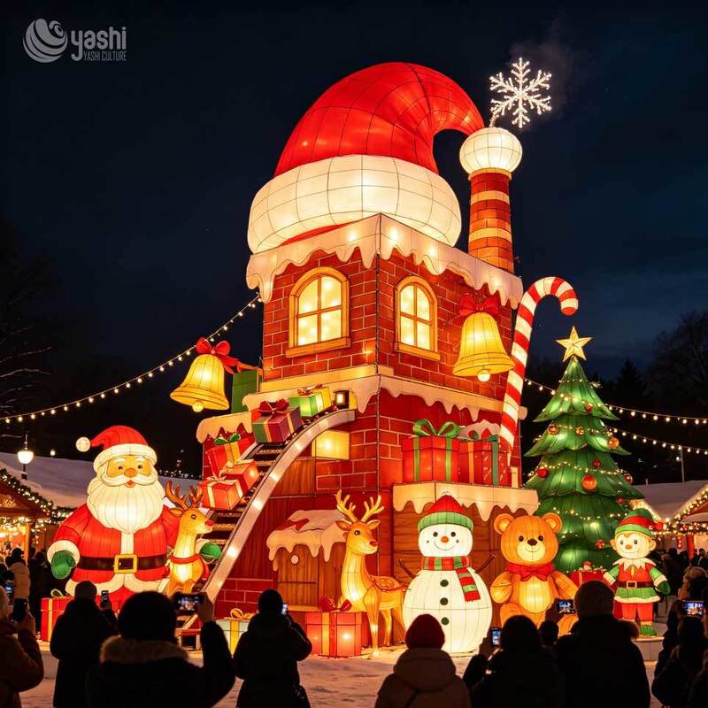 Custom Giant LED Santa Hat Light Sculpture, Outdoor Fabric Frame Christmas Santa Hat Light Display with Bell for Light Festival, Support Customization