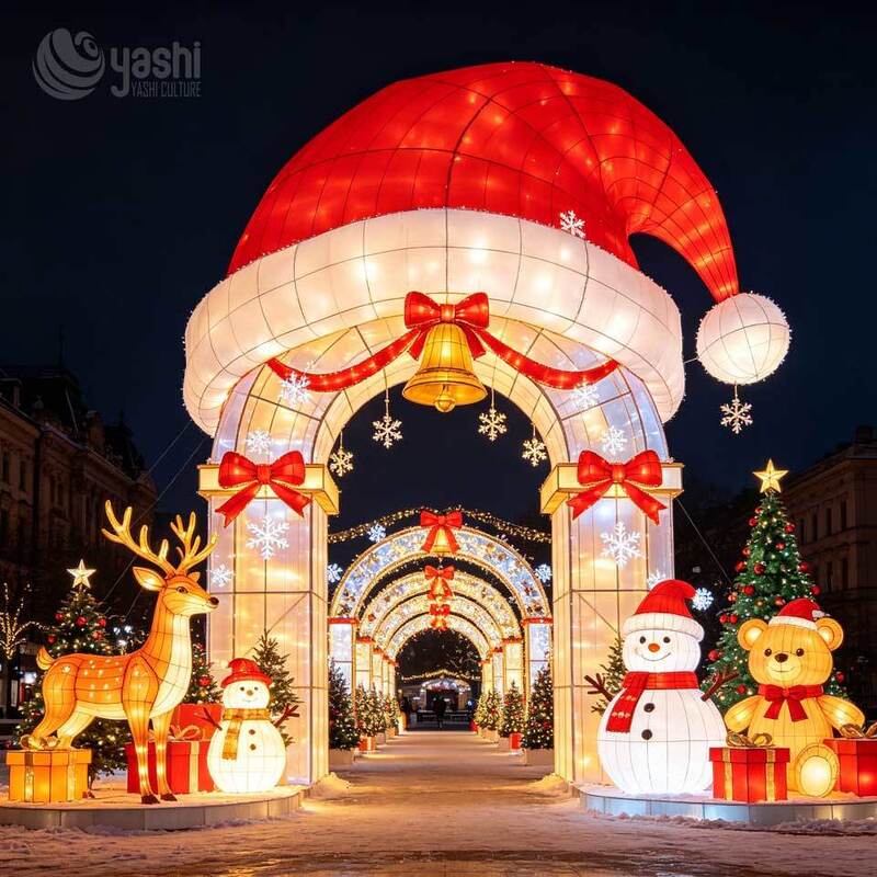 Custom Giant LED Santa Hat Light Sculpture, Outdoor Fabric Frame Christmas Santa Hat Light Display with Bell for Light Festival, Support Customization