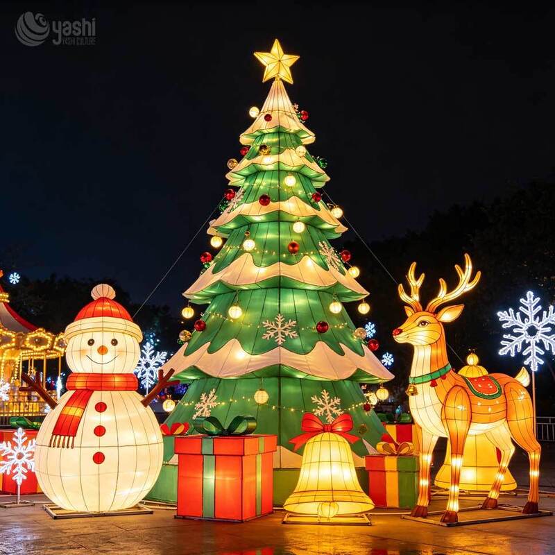 Custom Christmas Lantern Set, LED Lighted Christmas Tree, Snowman & Reindeer Light Sculpture, Outdoor Festival Light Display for Plaza, Support Customization