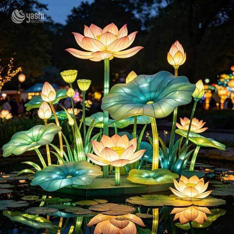 Custom Giant Floating Lotus LED Lantern with Dragonfly Decor, String‑dot Water Lily Light Sculpture for Lake Festival