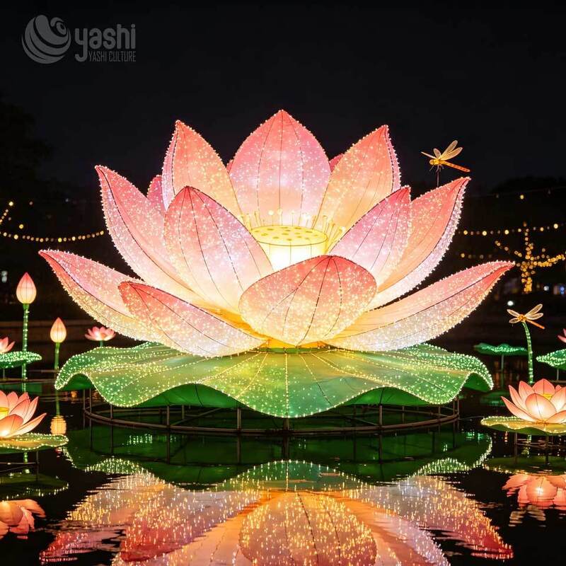 Custom Giant Water Lotus LED Lanterns, Floating Lotus Flower Light Sculptures for Lake & Light Festival