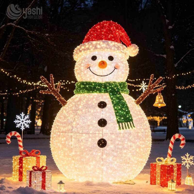 Custom Large LED Lighted Snowman Sculpture, Outdoor 3D Wireframe Snowman Light with Gift Boxes & Candy Cane for Christmas Decor, Support Customization
