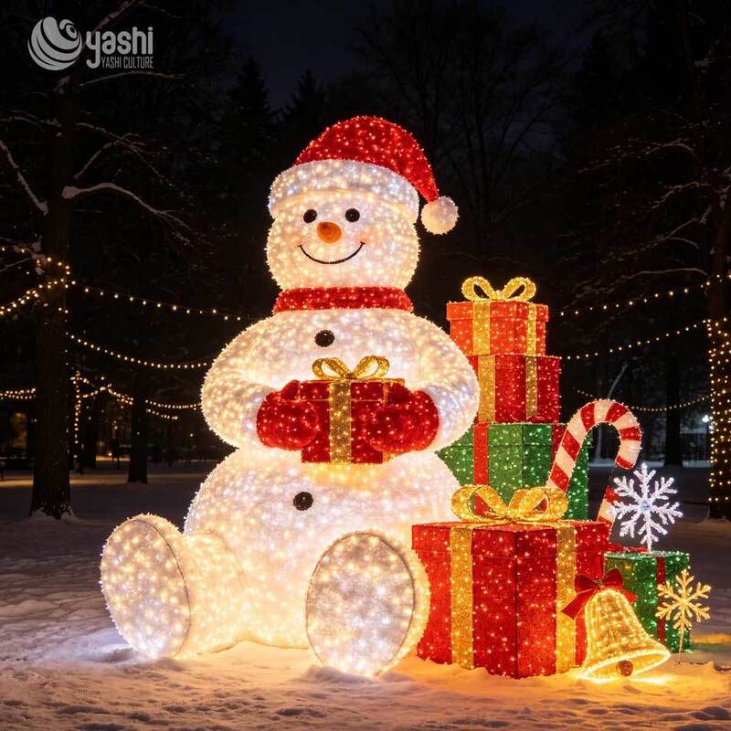 Custom Large LED Lighted Snowman Sculpture, Outdoor 3D Wireframe Snowman Light with Gift Boxes & Candy Cane for Christmas Decor, Support Customization