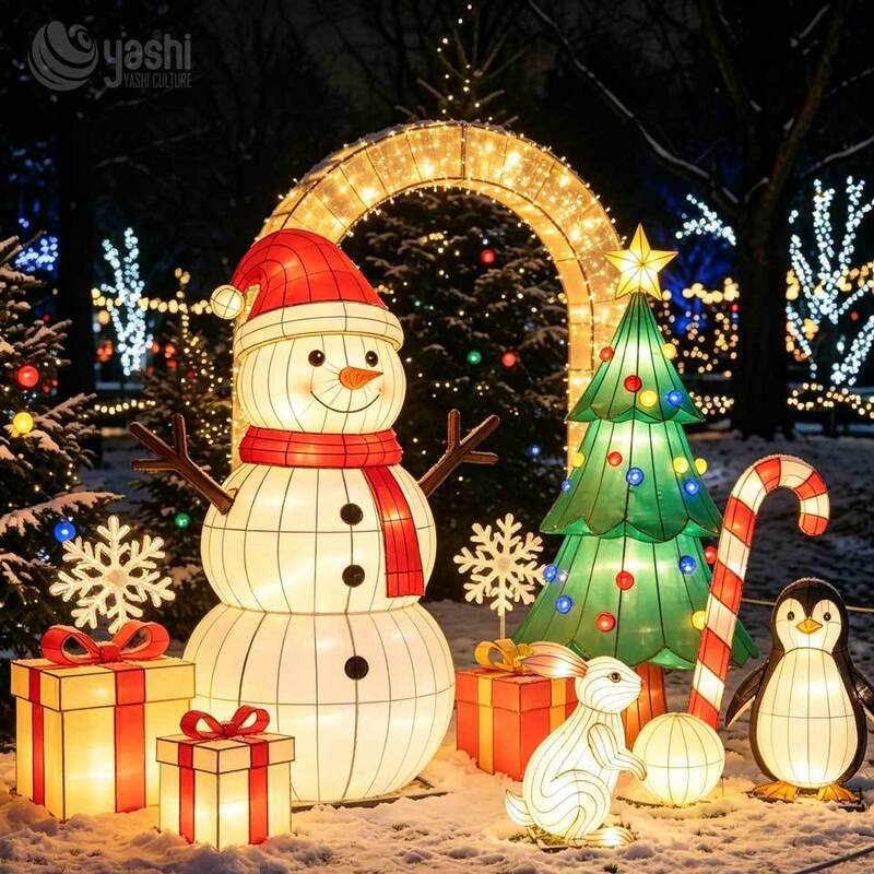 Custom Large LED Lighted Snowman Sculpture, Outdoor 3D Wireframe Snowman Light with Gift Boxes & Candy Cane for Christmas Decor, Support Customization