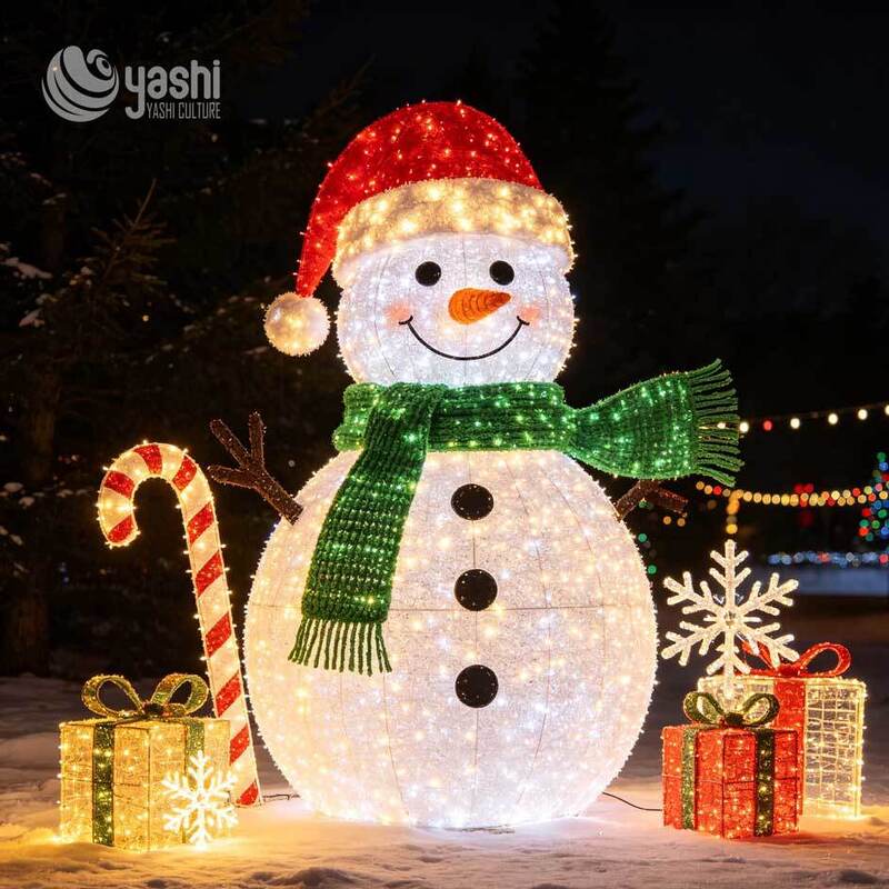 Custom Large LED Lighted Snowman Sculpture, Outdoor 3D Wireframe Snowman Light with Gift Boxes & Candy Cane for Christmas Decor, Support Customization